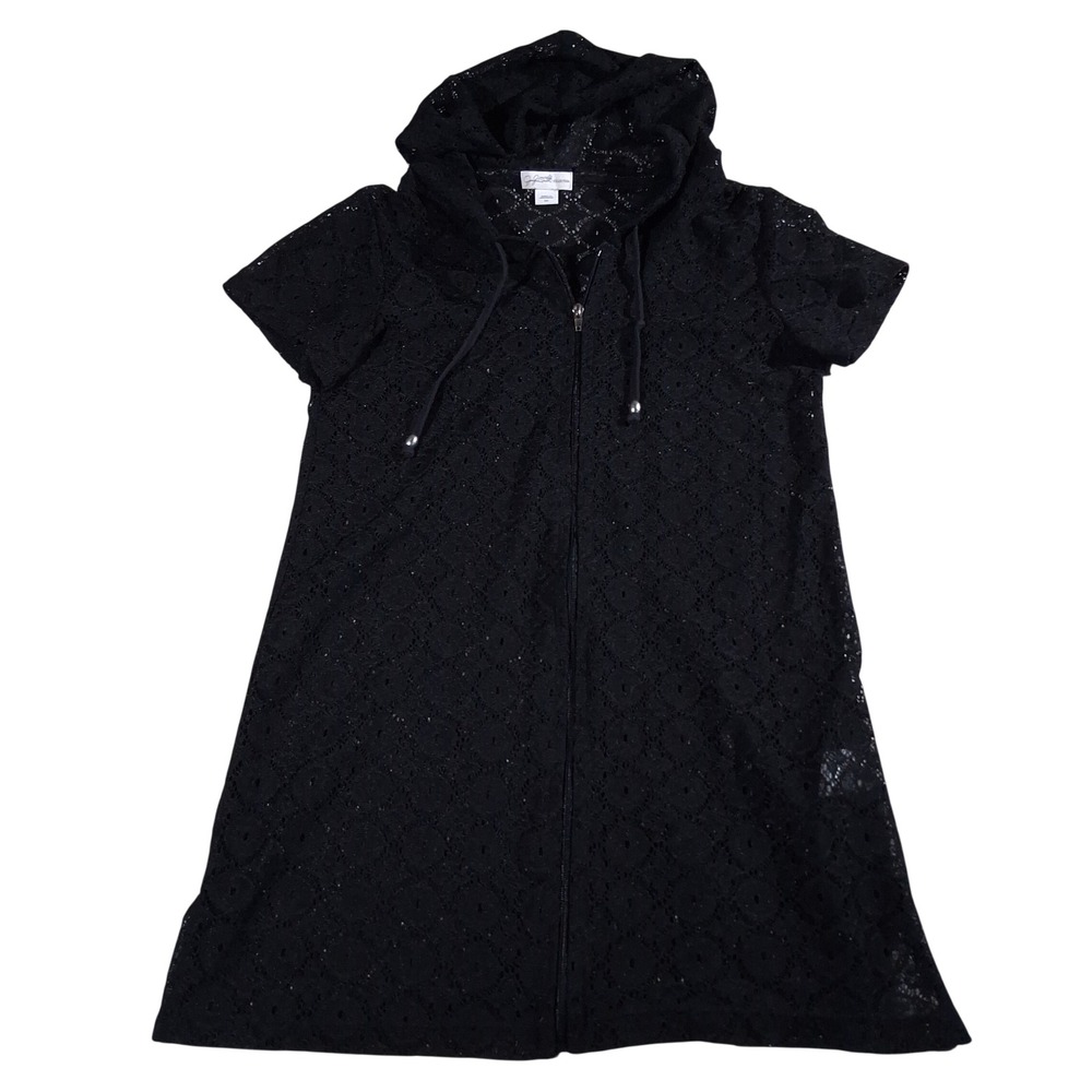 Jaclyn Smith Vintage Black Lace Hooded Swim Cover Up Short Sleeve Zip Front SM